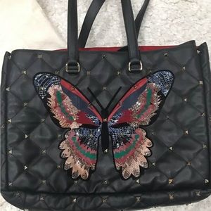 Valentino Garavani Rockstud Leather and Snakeskin Butterfly Tote
